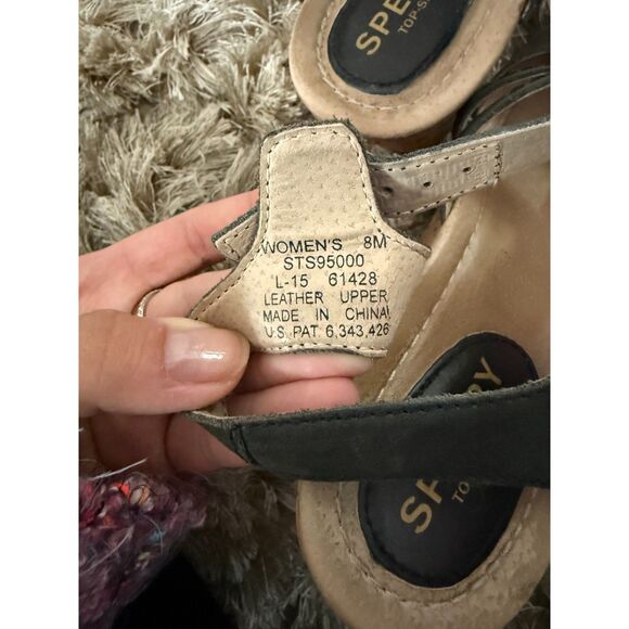 Sperry Black Leather Cork Heel Wedge Sandal - Picture 3 of 4